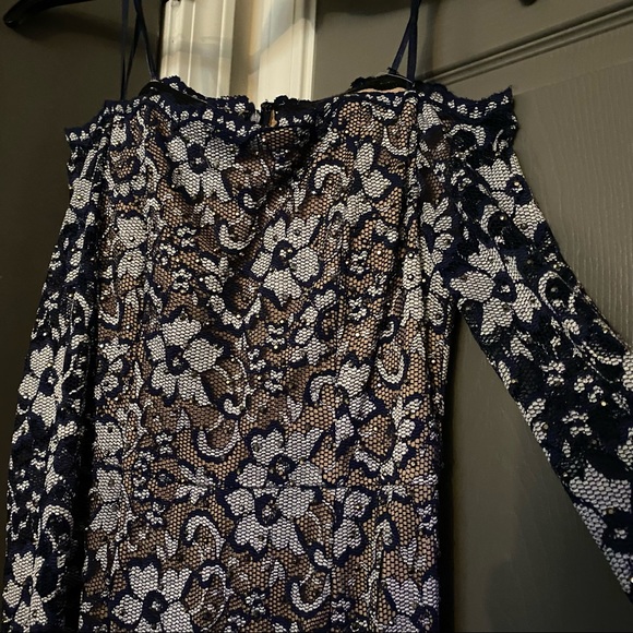 🥂🍾 Xscape New Sparkle / Lace Overlay Formal Dress Navy White Silver 6 - Picture 5 of 17